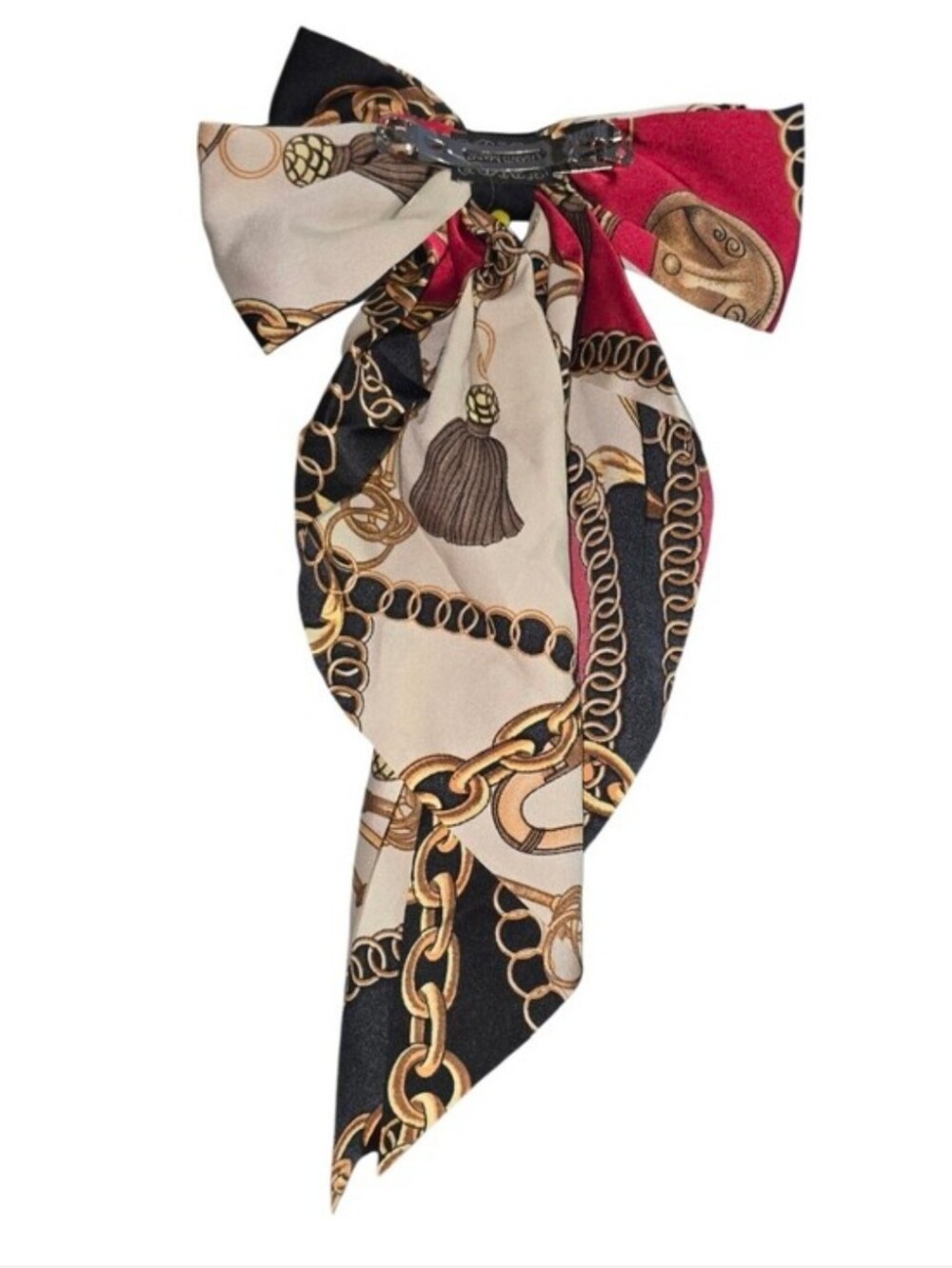 Chain-Print Bow Hair Scarf - Black, Red, Cream - Picture 3 of 3